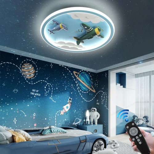RuiRfh Plafonnier LED moderne créatif bleu dessin animé avion design 56W éclairage chambre de bébé lampe avec télécommande Lampe plafond garçon fille...