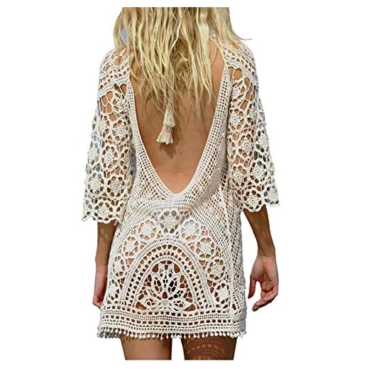 TMEOG Strandkleider Damen Kurze Kleid Badeanzug Bikini Spitze Crochet Cover Up (Medium, RüCkenfrei Weiß)