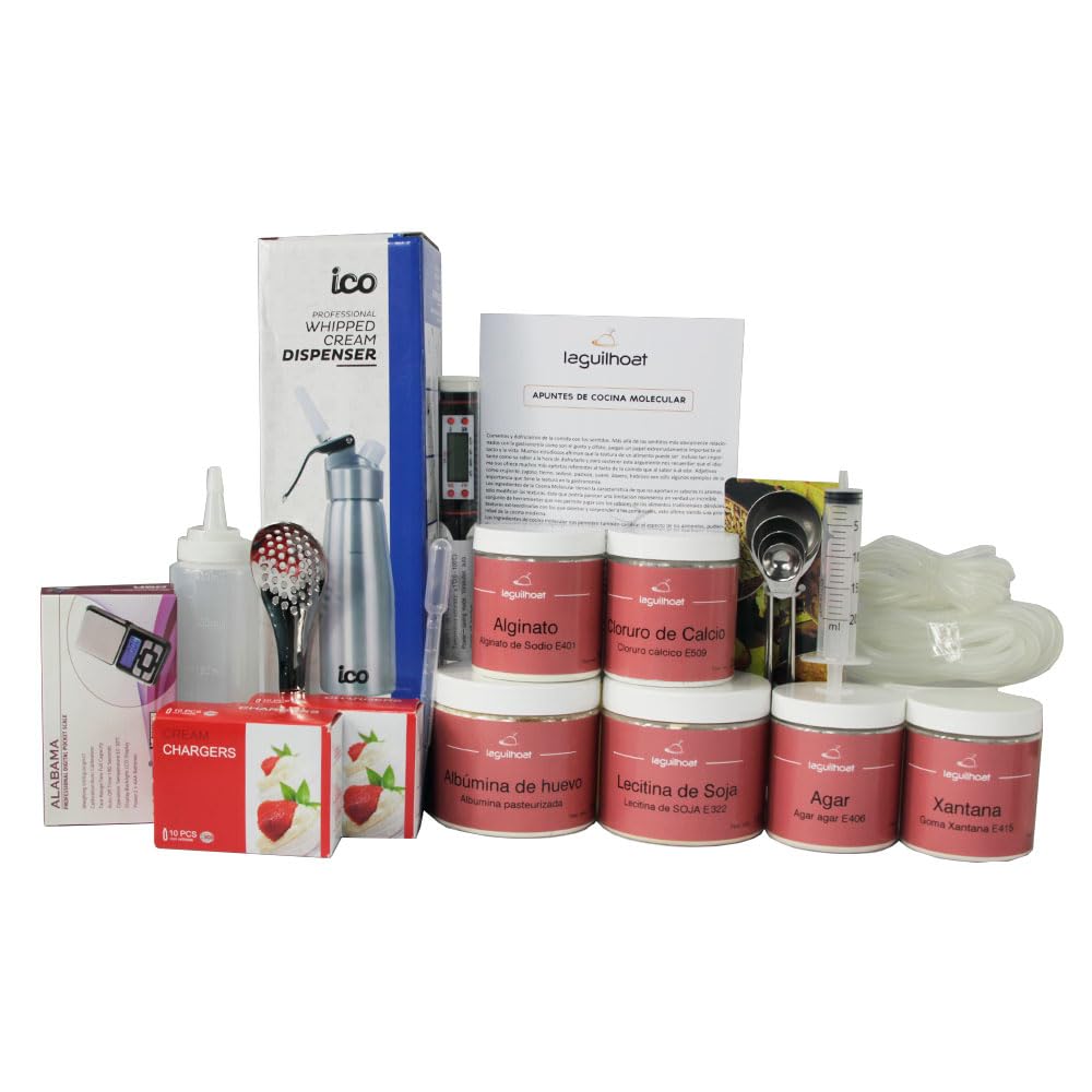 Kit Cocina Molecular Premium con Sifón 0,5 L, Texturas y Utensilios para Espumas, Aires, Esferificación y Gelificación en Casa