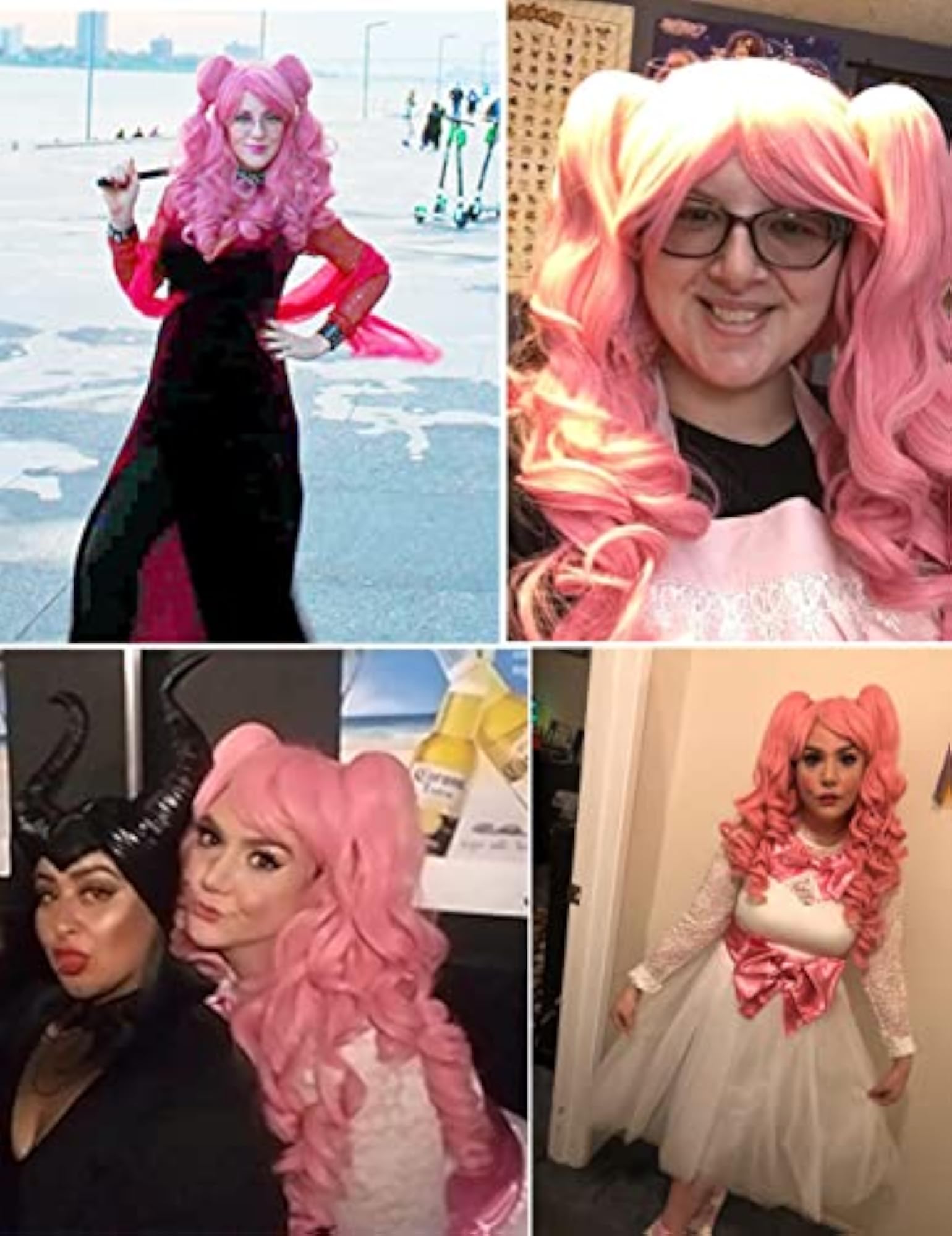 Long Curly Cosplay Wig with 2 Ponytails, Pink