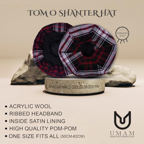 Image of Scottish Tam O' Shanter Hat Tartan Bonnet Pom Pom Wool Flat Cap One Size