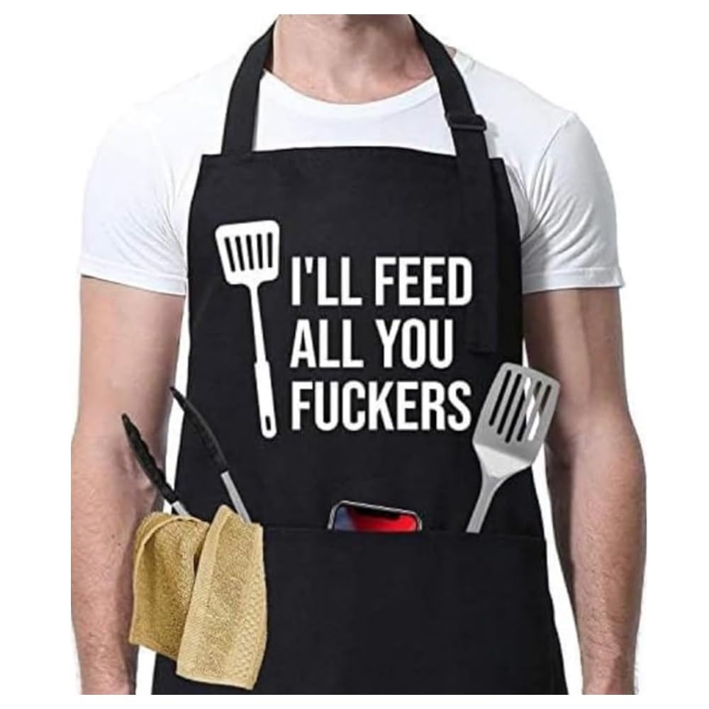 ShopINess Divertido Delantal de Cocina Unisex I'll Feed You Delantal con Mensaje Humorístico, Ajustable, 3 Bolsillos para Barbacoa Fiestas con Amigos Regalo Original para Cocina y Chef