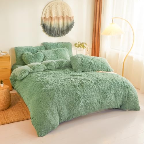 Shaggy Fluffy Green Comforter Cover King Set – Faux Fur Shaggy Green Bedding 3-Piece Set (1 Duvet Cover + 2 Furry Pillow Shams) Cozy Bed Set