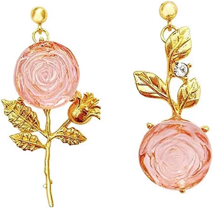 Rose Flower Earrings for Women Asymmetrical Pink Rose Flower Earrings