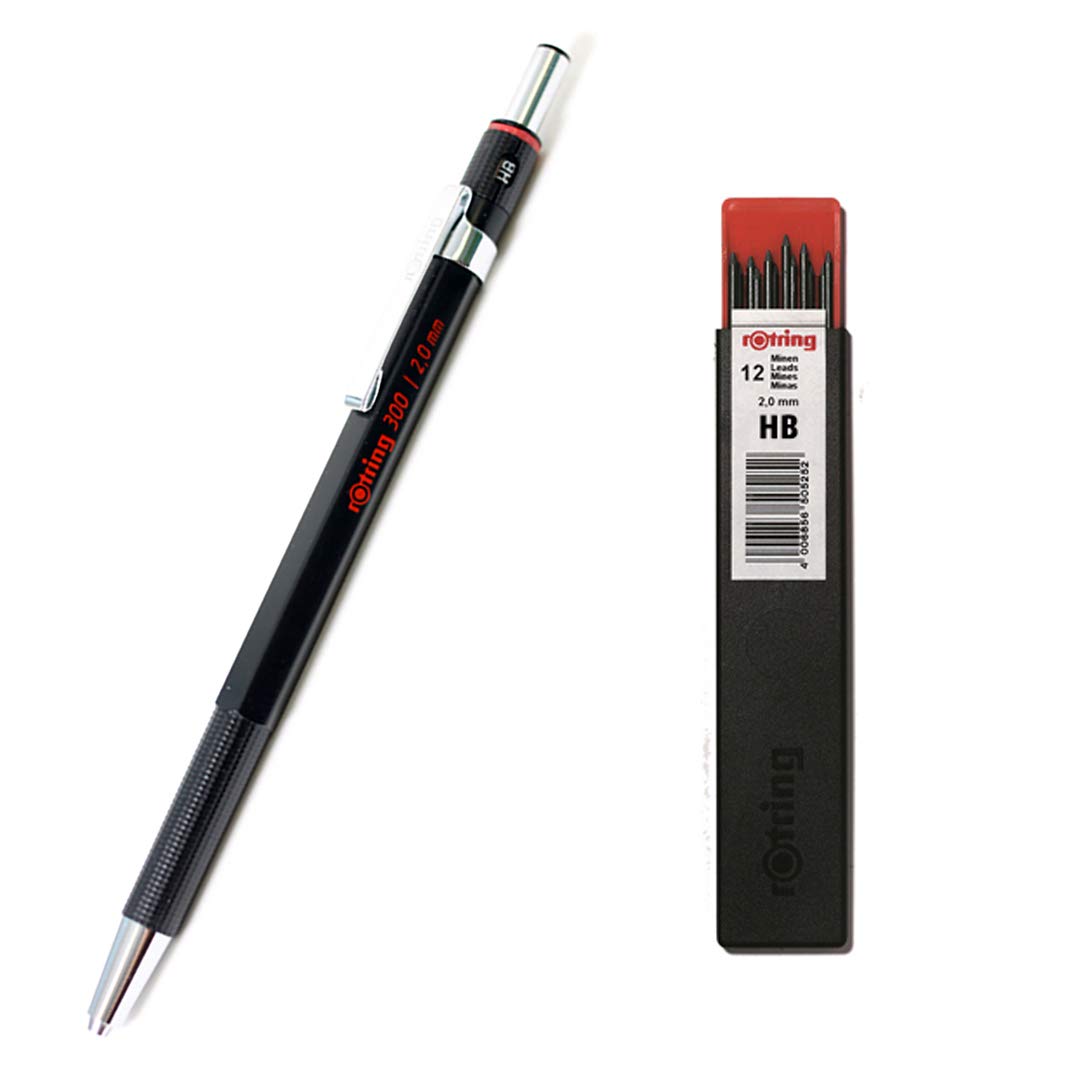 Rotring 300 Technical Drawing 2.0 mm Mechanical Pencil Black with 2.0 mm HB Leads (1 Tube of 12 Leads) - 1904729