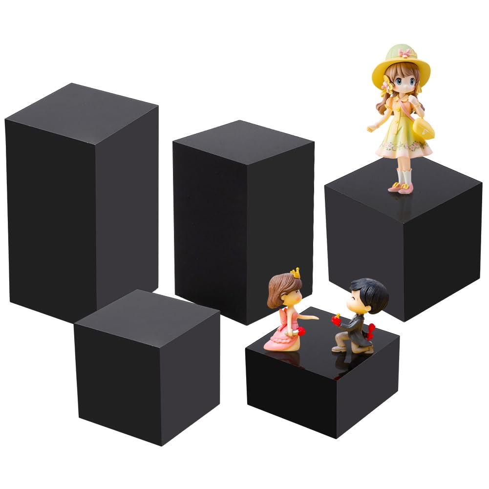 BENECREAT 5 Stück Schwarzer Acryl Würfel Displayblock, 3/5/6/8/10cm Hoher Massiver Präsentationsständer Zur Präsentation von Edelsteinschmuck Anzeigen von Pop Figuren Kosmetikvorführung, 5x5cm