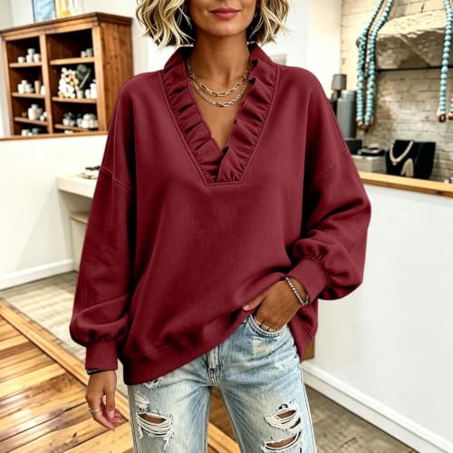 Elneeya Oversized Sweatshirt for Women V Neck Ruffled Retro Fall Sweatshirt - image 3