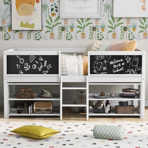 YOUJUNER Twin Size Low Loft Bed with Two Movable Shelves and Ladder, with Decorative Guardrail Chalkboard, Suitable for Boys, Girls, Teens