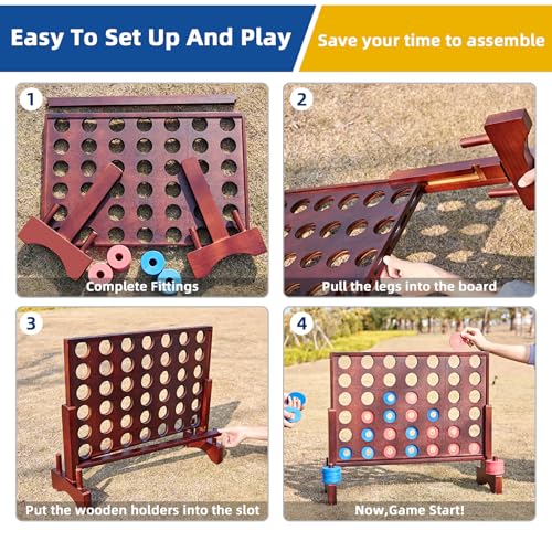 Image of Giant Wooden 4 in a Row Vintage 2.8Ft Outdoor Yard Game for Adults Famliy, with 42 Pcs Chips & Durable Carrying Bag, Halloween Christmas Party Game Gifts for Lovers