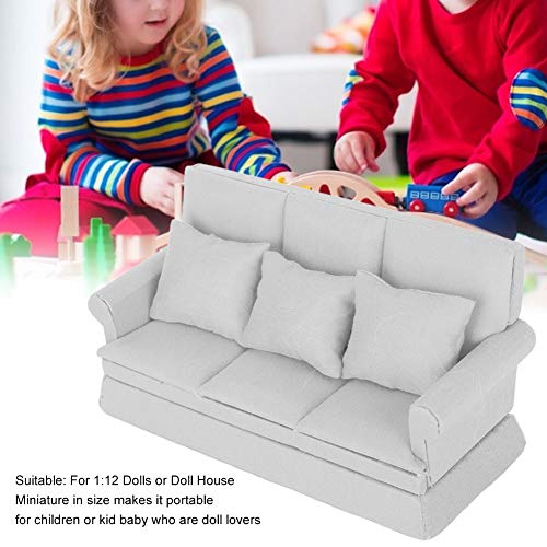 1:12 Doll House Mini Sofa with 3pcs Pillow Living Room Furniture Wooden Doll House Decoration Accessories (Grey) - Image 4