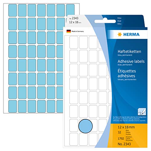 HERMA 2343 Vielzweck-Etiketten, 1792 StĂĽck, 12 x 18 mm, 56 pro Bogen, selbstklebend, Haushaltsetiketten zum Beschriften, matt, blanko Papier Klebeetiketten Aufkleber, blau