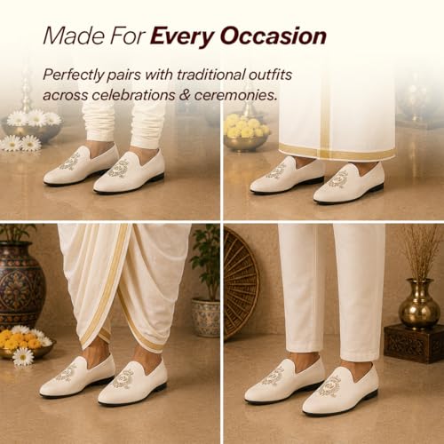 Image of FAUSTO Mens Embroidered Slip-On Loafers | Royal Ethnic Party Shoes |Ethnic Juttis and Mojaris for for Wedding Cushioned Insole