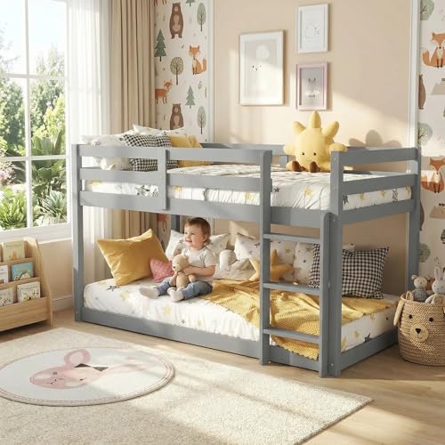 MoproBeti Low Bunk Bed Twin Over Twin, Solid Rubber...
