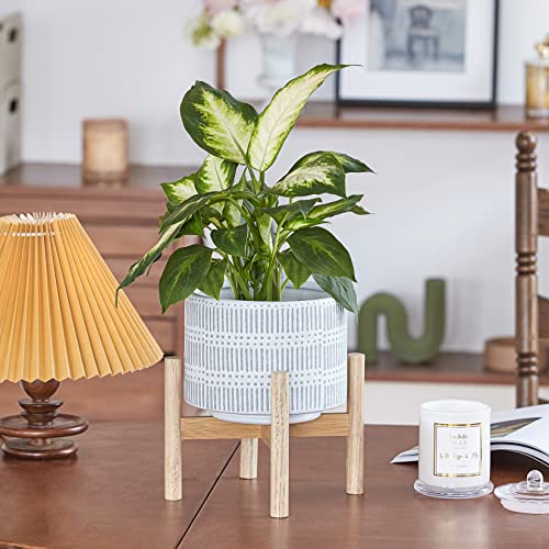 Image of LA JOLIE MUSE Ceramic Plant Pot with Wood Stand - 7.3 Inch Modern Round Decorative Flower Pot Indoor with Wood Planter Holder, Slate Blue and White