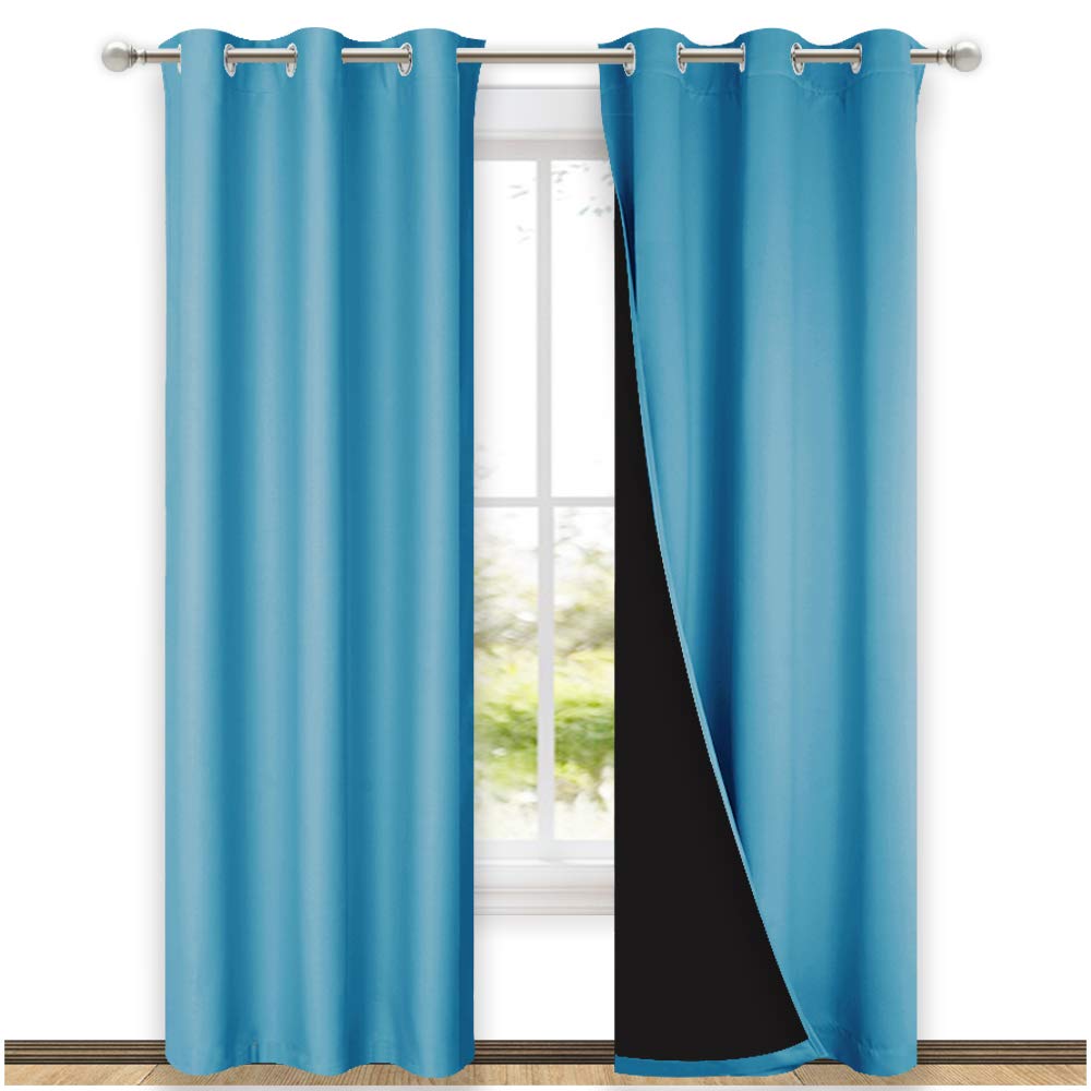 NICETOWN Teal Blue Full Shade Curtain Panels, Pair of Thermal Insulated &amp; Energy Efficiency Blackout Drapes for Living Room Windows, Lined Silky Performance Window Dressing (37" Wide x 84" Long, Gray)