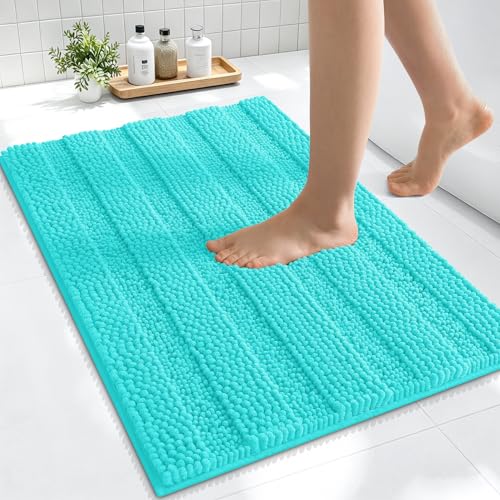 Image of Smiry Thick Small Chenille Bathroom Rugs 24x16, Extra Soft Absorbent Striped Bath Mat, Machine Washable, Rubber Backing, Bath Rugs for Tub & Shower, Modern Home Decor Accessories, Teal