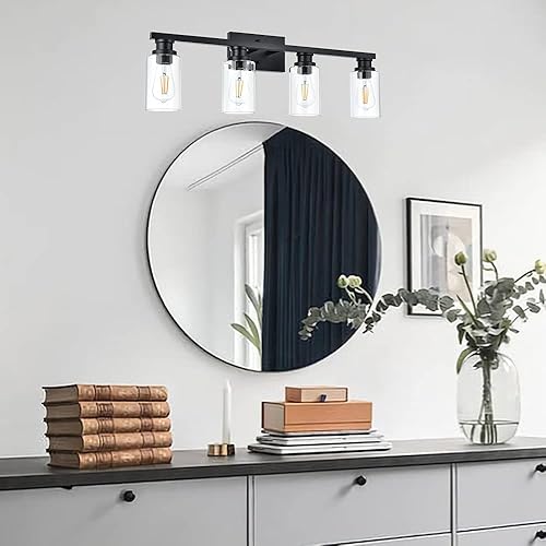 Miniatura 5 de VINLUZ Lámpara de pared industrial para interiores de 4 luces, color negro, con pantalla de cristal transparente, lámpara de pared clásica para
