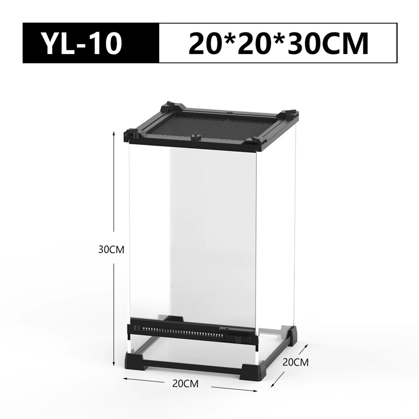 Caja de alimentación para reptiles, terrario con ventilación frontal, terrario de cristal con cierre giratorio a prueba de fugas, recipiente multiusos para reptiles, anfibios, negro, 20 x 20 x 30 cm
