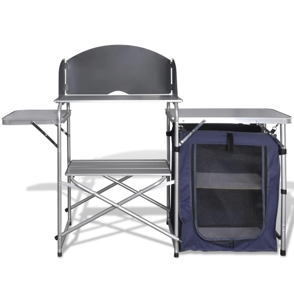 Campingküche klappbar mit Aluminium Windschutz, großer Arbeitsfläche und Schrank, leichte Faltbare Outdoor Küche mit 2 Einlegeböden, inklusive Transporttasche für Picknick, Camping
