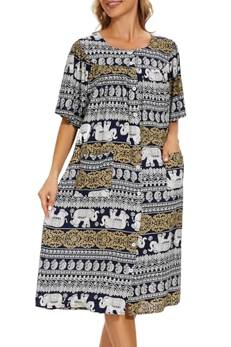Image of COSUNIONY House Dresses for Women Cotton Short Sleeve House Coat Buttons Down Dusters Robe with Pockets S-XXL