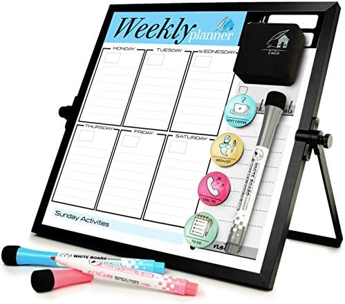 Small Desktop White Board with Weekly Planner 10x10 inch, Magnetic to Do List Dry Erase Board Calendar with Stand, 3 Markers, 4 Magnets, Eraser - Portable Whiteboard for Homeschool and Office Desk