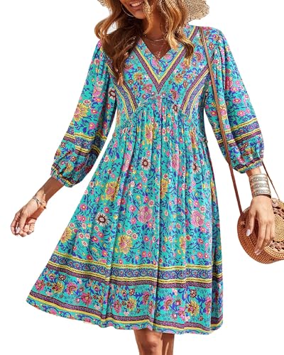 Image of BTFBM Women Casual Spring Summer Dresses V Neck 3 /4 Long Sleeve Ruffle Floral Flowy Boho Babydoll Mini Short Beach Dress