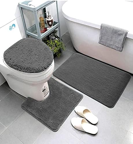 Smart Linen 3 Piece Bathroom Rug Set Includes Bath Rug, Contour Mat and Toilet Lid Cover, Machine Washable, Super Soft Microfiber & Non Slip Bath Rugs with Rubber Backing Solid (Charcoal)