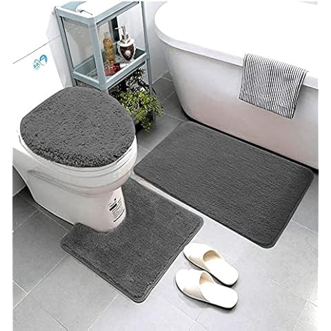 Smart Linen 3 Piece Bathroom Rug Set Includes Bath Rug, Contour Mat and Toilet Lid Cover, Machine Washable, Super Soft Microfiber & Non Slip Bath Rugs with Rubber Backing Solid (Charcoal) Cover
