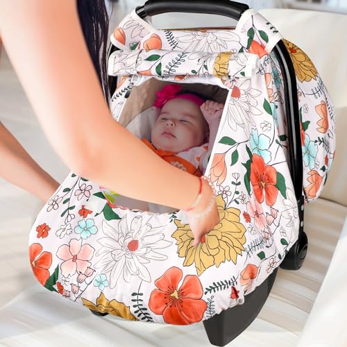 Image of Baby Carseat Cover Girls, Pea Pod Infant Car Seat Covers Canopy for Newborn with 2 Layers Windows of Breathable Mesh /Fabric, Lightweight Polyester /Minky Dot Backing, Snug Fit Most Baby Car Seat