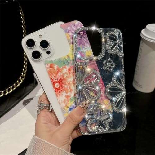 Image of COVERLY Luxury 3D Rhinestone Floral Diamond Bling Phone Case for iPhone 12 Pro - Sparkling Oil Painting Flower Glitter Cover, Electroplated TPU, Cute Camera Protection Cover for Women & Girls (Silver)