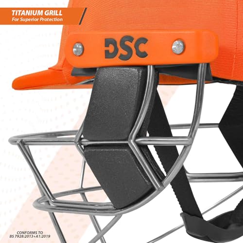 Image of DSC Empra Titanium BSI Approved Professional Cricket Helmet | BS7928 Certified Pro-Standard Hard Ball Helmet with Ultra-Light Titanium Grill & Advanced Shock Absorption | Color: Orange | Size: M