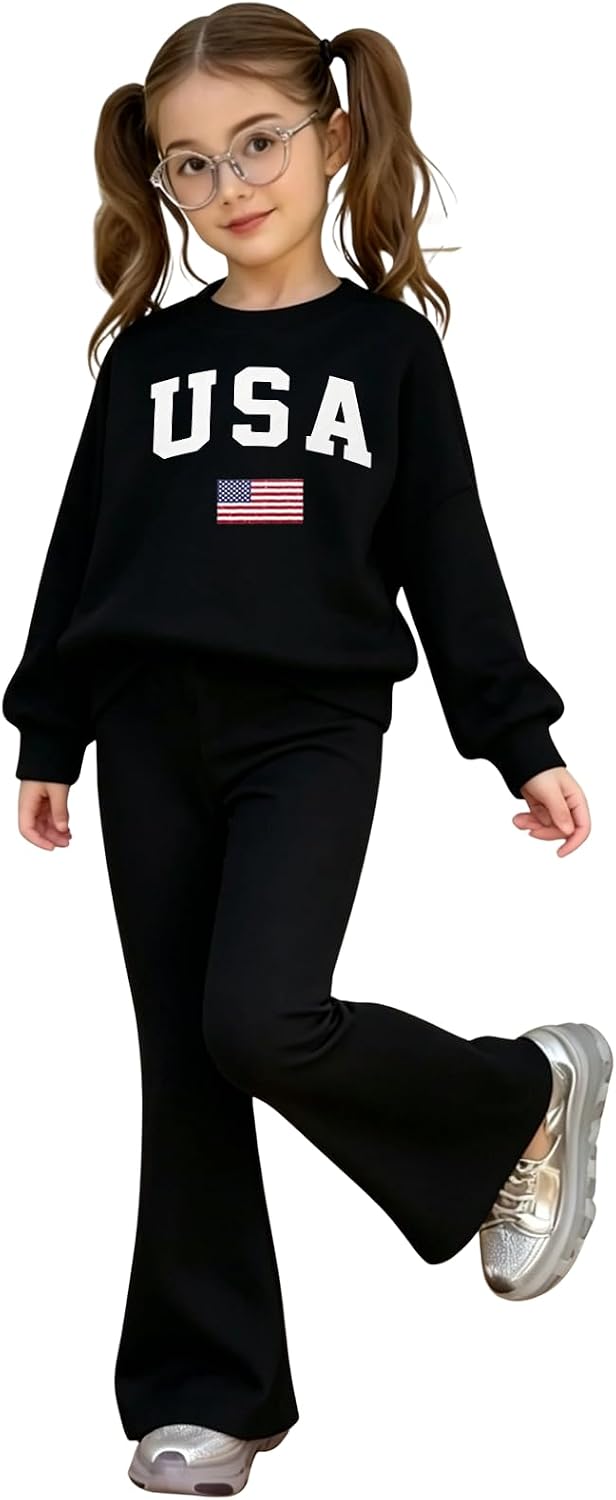Girls Tracksuit Outfit USA Print Sweatshirt & Flare Pants for Teens 7-14Y