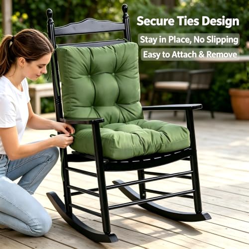 Image of QILLOWAY Outdoor Chair Cushion for Patio Furniture, Waterproof Patio Cushions Set of 4 with Ties, Fade Resistant Replacement Pads for Outdoor Rocking Chairs,Dark Green