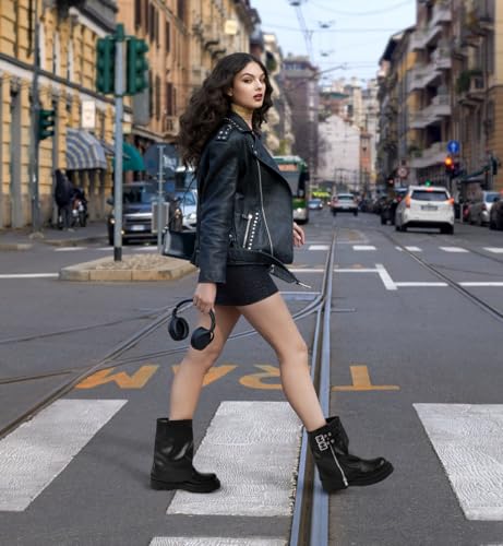 Women's Mid Calf Boots Fold Over Buckle Moto Biker Boots for Women3