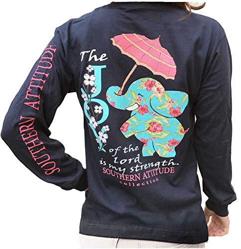 Southern Attitude Joy of The Lord is My Strength Elephant Cute Preppy Southern Long Sleeve Shirt (Navy) (Small)