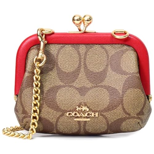 コーチ カードケース COACH コーティングキャンバス レザー シグネチャー キスロック がま口 ノラ チェーン カードケース ポーチ コインケース 財布 ショルダー バッグ カーキ×エレクトリックレッド CH520のサムネイル