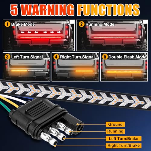 Image of 4 Pack Arrow LED Tailgate Light Strip 60 Inch Truck Light Bar | Light Bar with Red Running Brake Lights Amber Turn Signals Strobe Lights Dynamic Flashing, Pickup Suv Trailer, Adhesive Strip