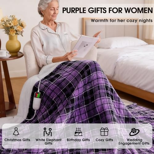 Purple Heated Blanket Electric Blanket, 50X60 Heating Blanket with 10 Heating Levels & 8 Hours Auto Off, Washable Plaid Sherpa Warmer Blanket, Valentines Day Gifts for Women/Men by OCTROT - Image 4