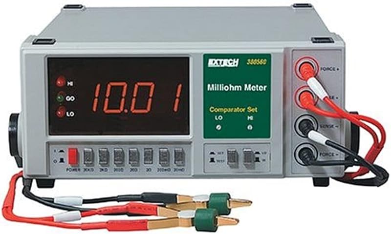 Extech 380560 Precision Milliohm Meter - High Accuracy 4-Wire Digital Low Resistance Tester with Kelvin Clips, 3 Ranges from 200mΩ to 2000Ω, Large LCD Display, Data Hold & Auto Power Off | 7 ranges, 20mOhm-20kOhm, 0.01mOhm res, 4-wire Kelvin clips, Hi/Lo/Go comparator, auto zero, 5V test, power cord