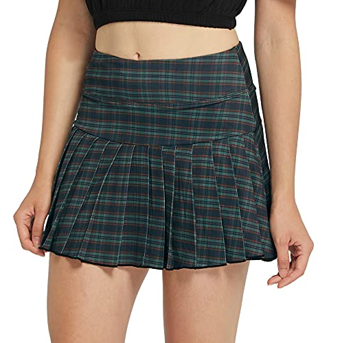 Women Pleated Tennis Skirt with Pocket Plaid Skirts Soft Girl Aesthetic Clothes Green Grid S