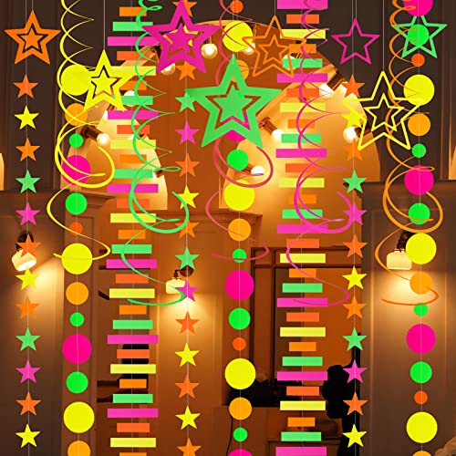22Pcs Neon Streamers Paper Uv Neon Garland Glow In The Dark Party Decorations Black Light Neon Stars Round Dots Garland Hanging Streamers Fluorescent Black Light Party Supplies For Birthday Wedding #TOP3