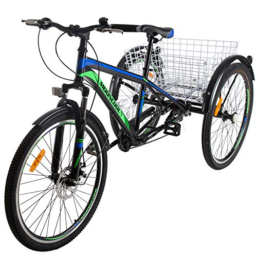 VANELL Adult Mountain Tricycle 20/24/26 in 7/1 Speed Three Wheel Cruiser Trike Bike with Front Suspension Fork Front Disc Brake MTB Tire Bicycle (Black - Blue+Green, 7speed