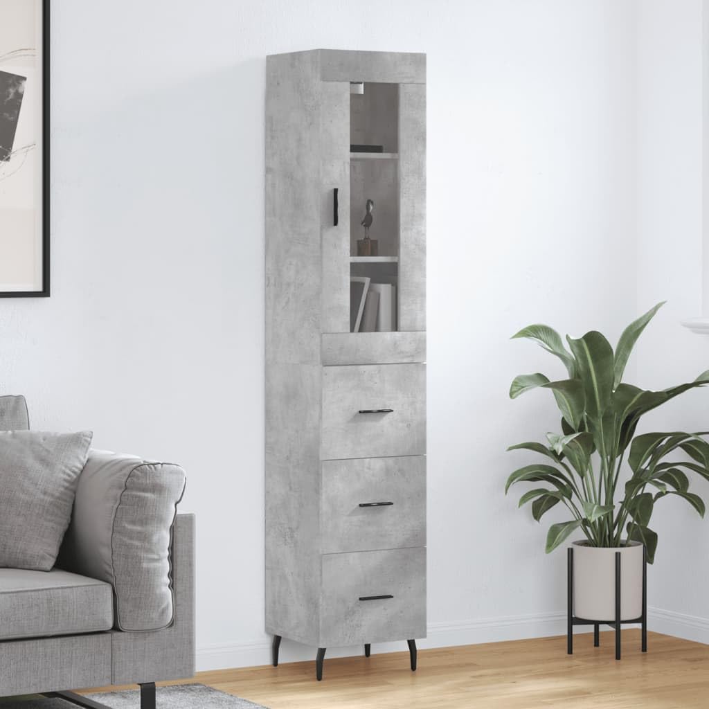 Bufet wysoki szary betonowy 34,5 x 34 x 180 cm z drewna inżynieryjnego, wąska szafka do przechowywania z praktycznymi drzwiami i metalowymi nogami dla eleganckiego i zorganizowanego wnętrza.