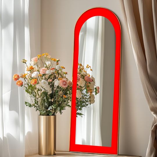 Specchio da terra astratto a lunghezza intera, 68,3 x 168,2 cm, rosso, specchio da pavimento colorato con cornice nera