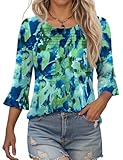 Kistore Womens 3/4 Sleeve Tops Summer Ladies Blouses Office Work Casual Round Neck Shirts 2026 Fashion Green Print Blouse M