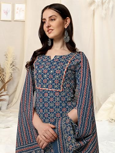 Image of MIRCHI FASHION Pure Cotton Women Straight Embellished Ajrakh Print Kurti Set with Dupatta and Pant