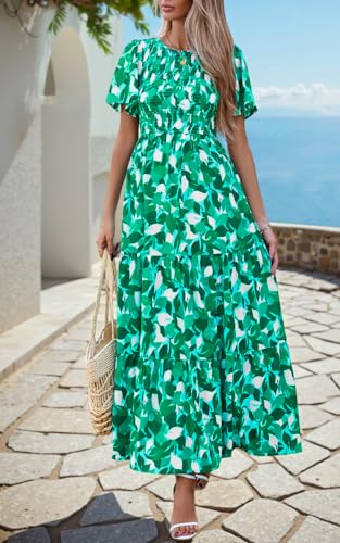 Image of PRETTYGARDEN Women's 2026 Summer Casual Flutter Short Sleeve Boho Floral Maxi Dress Crew Neck Smocked Tiered Long Dresses