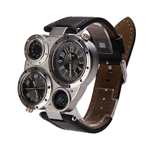 Image of Men OULM Military Army Dual Time Zones Big Dial Leather Sports Watch Black