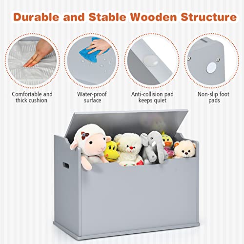 Costzon Kids Wooden Toy Chest, Wide Toy Box Storage Chest With Bench Seat, Toy Storage Trunk Case With Finger-Pinch Prevention, Lift-Top Foot Rest Seat For Toddler Bedroom Playroom Entry (Grey) #TOP3