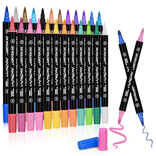 Hnyoou Acrylic Paint Pens Painting Waterproof Kit Dual Tip Brush Acrylic Paint Markers for Rock Painting Water Based Ink Pens for Stone, Pebbles, Ceramic, Glass, Wood, DIY Craft Supplies (24 Pack)